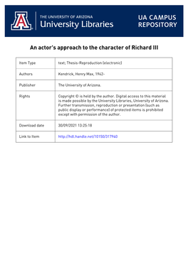 AN ACTOR's APPROACH to the CHARACTER of RICHARD III By