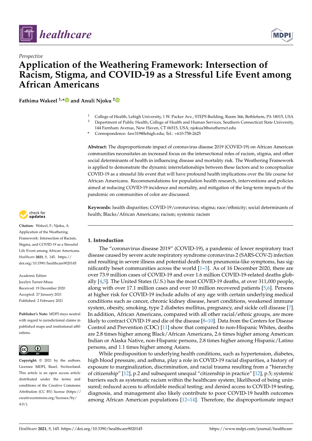 Intersection of Racism, Stigma, and COVID-19 As a Stressful Life Event Among African Americans