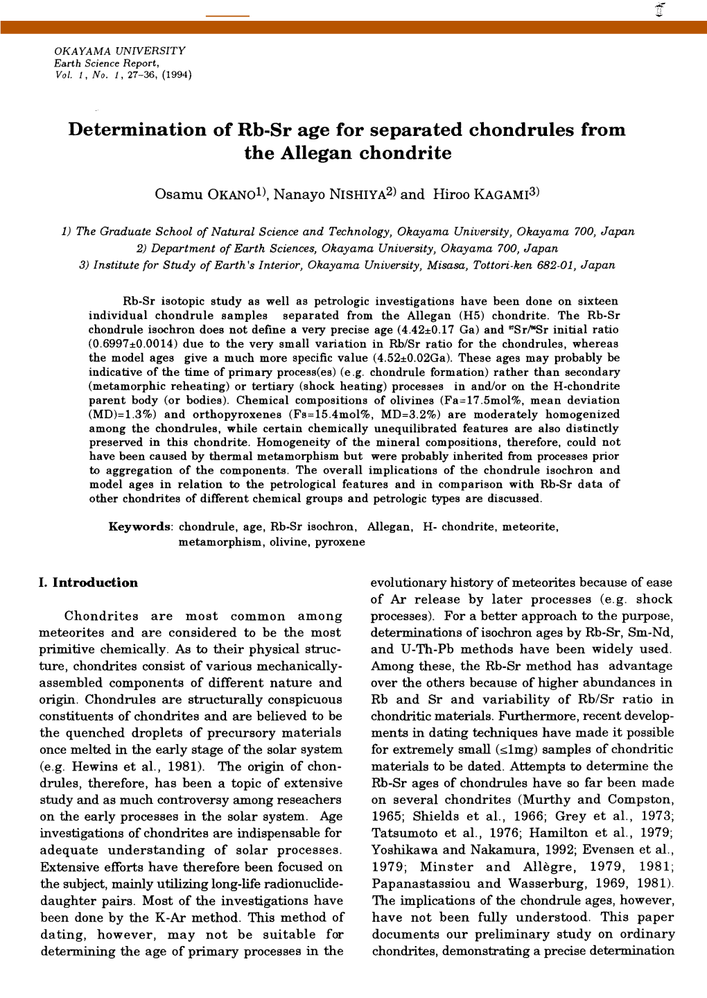 Determination of Rb-Sr Age for Separated Chondrules from the Allegan Chondrite
