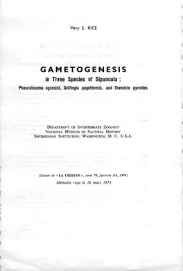 GAMETOGENESIS ^ in Three Species of Sipuncula : Phascolosoma Agassizii, Golfingia Pugettensis, and Themiste Pyroides