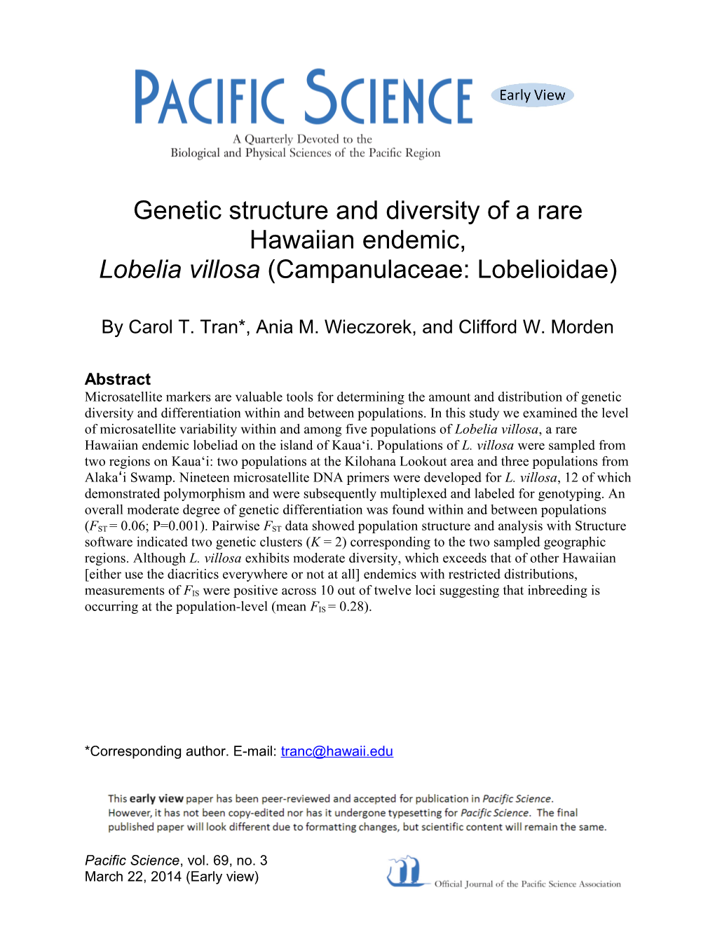 Genetic Structure and Diversity of a Rare Hawaiian Endemic, Lobelia Villosa (Campanulaceae: Lobelioidae)