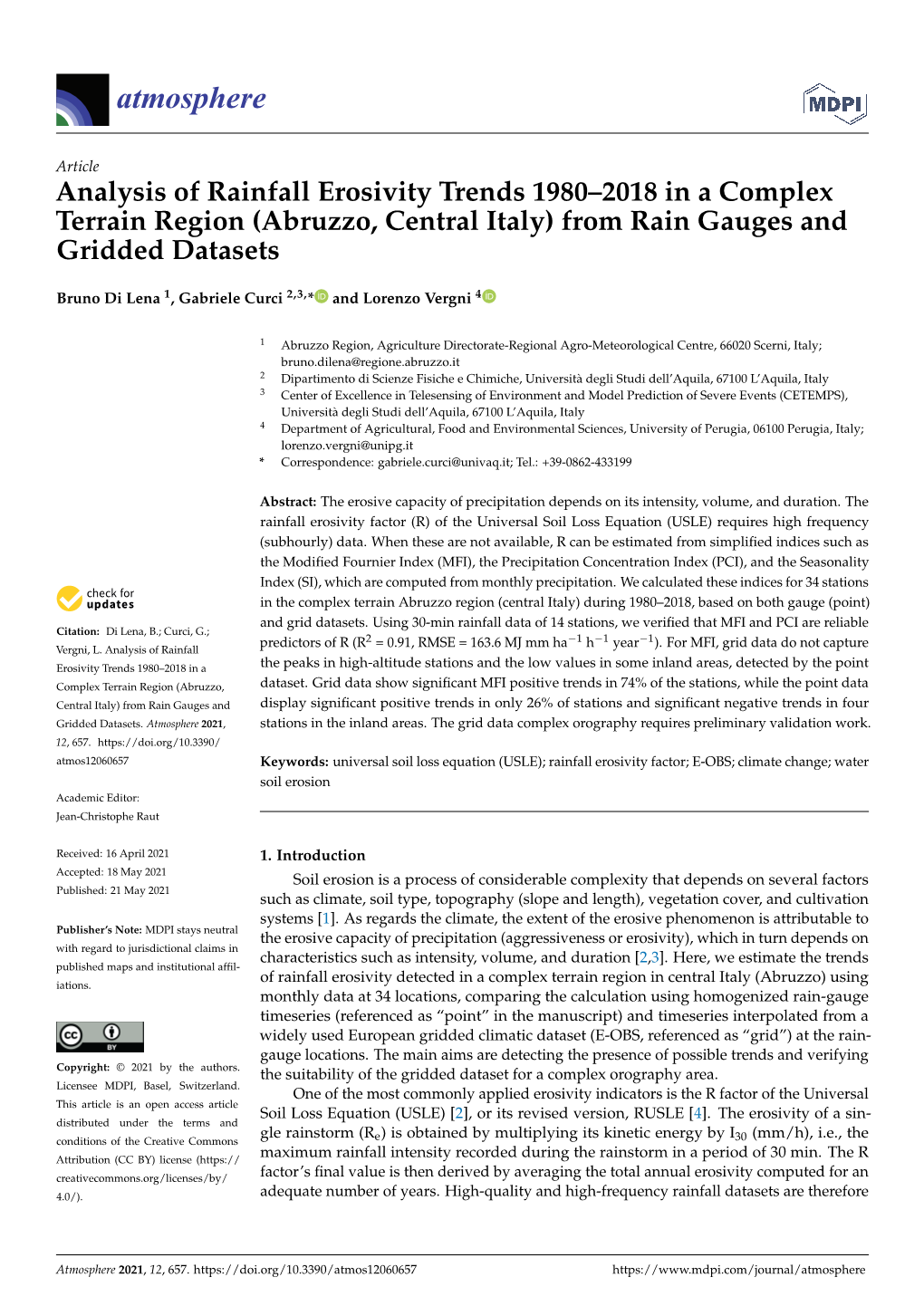 Analysis of Rainfall Erosivity Trends 1980–2018 in a Complex Terrain Region (Abruzzo, Central Italy) from Rain Gauges and Gridded Datasets