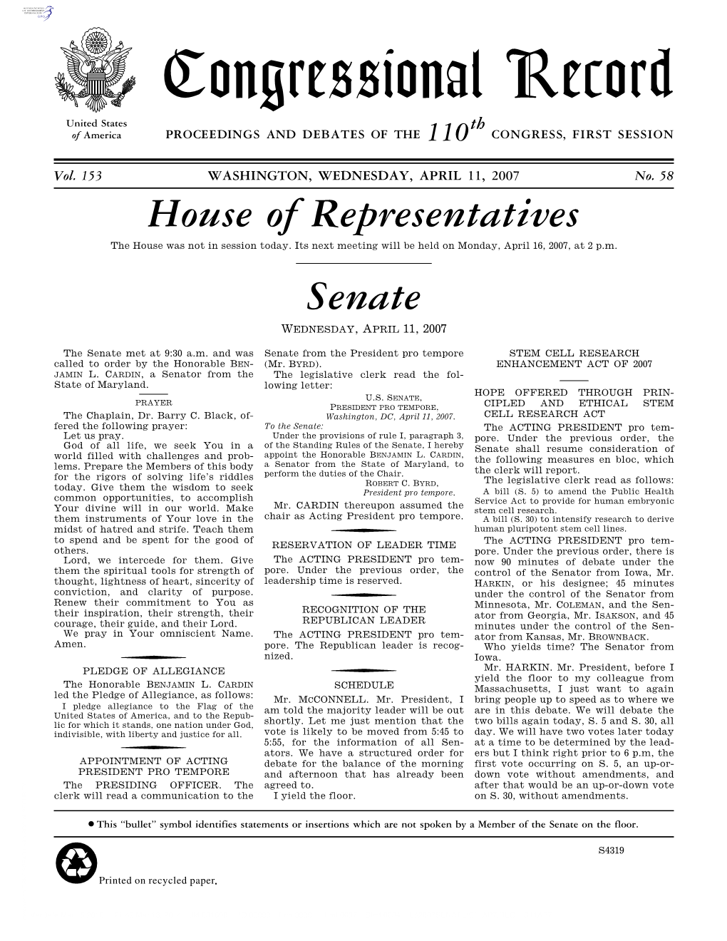 Congressional Record United States Th of America PROCEEDINGS and DEBATES of the 110 CONGRESS, FIRST SESSION