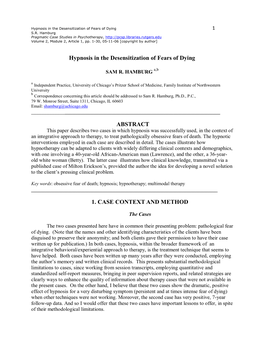 Hypnosis in the Desensitization of Fears of Dying ABSTRACT 1. CASE CONTEXT and METHOD