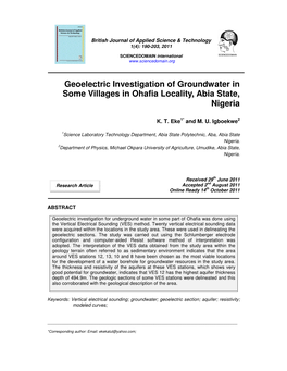 Geoelectric Investigation of Groundwater in Some Villages in Ohafia Locality, Abia State, Nigeria