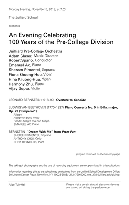 An Evening Celebrating 100 Years of the Pre-College Division