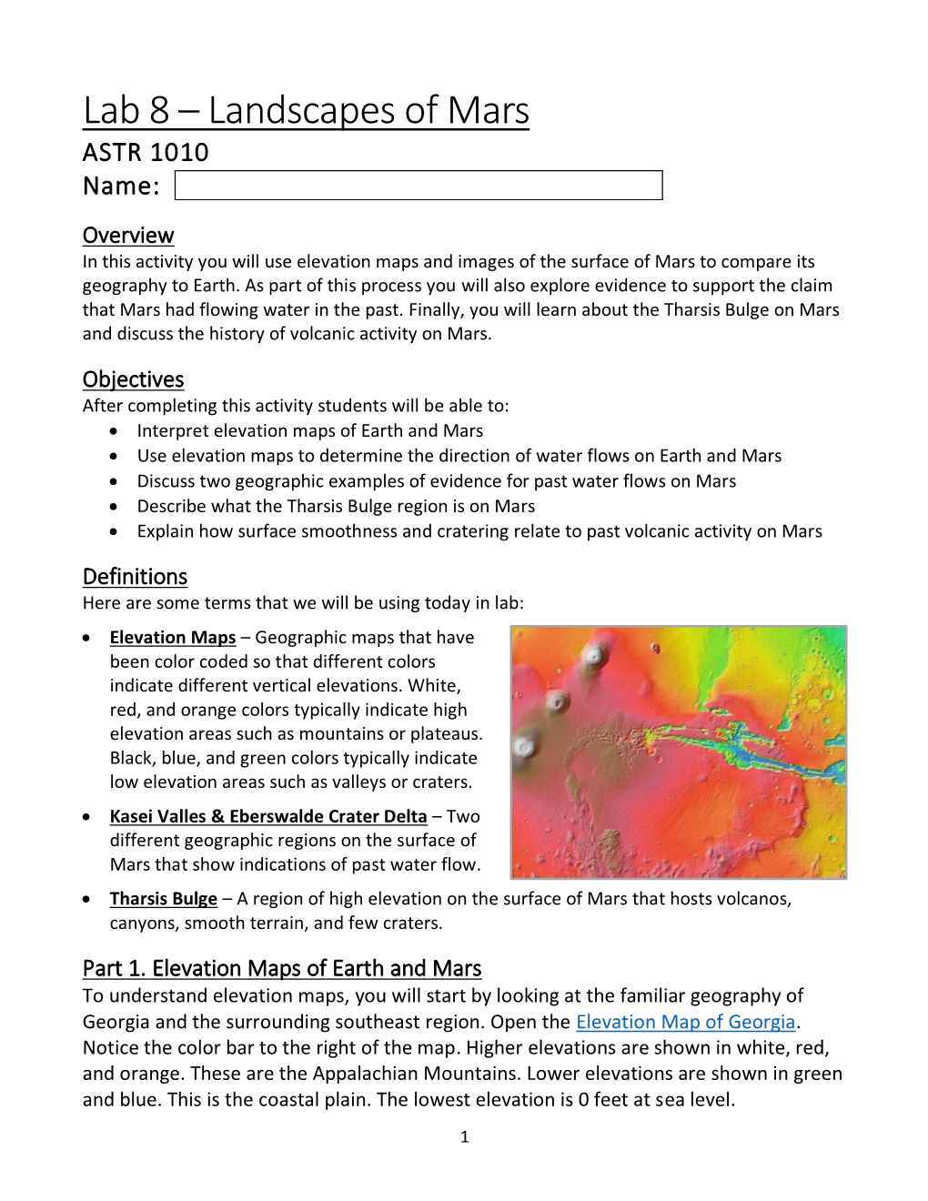 Lab 8 Landscapes Of Mars Astr 1010 Name Overview In This Activity You Will Use Elevation Maps 7044