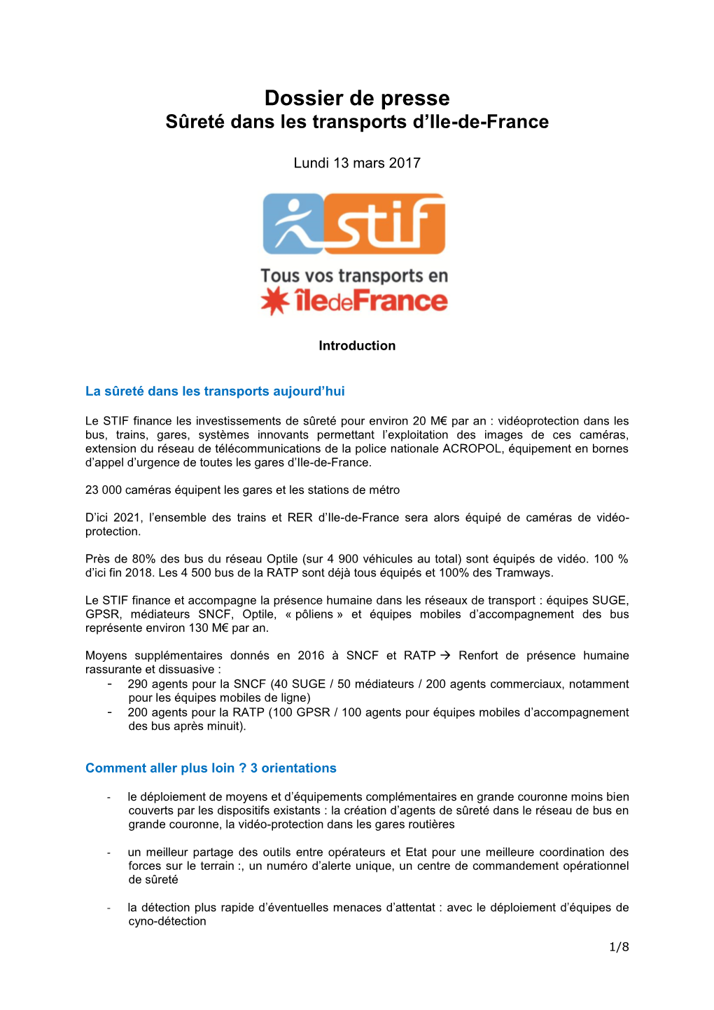 Dossier De Presse Sûreté Dans Les Transports D’Ile-De-France