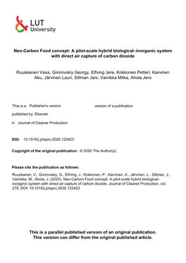 Neo-Carbon Food Concept: a Pilot-Scale Hybrid Biological–Inorganic System with Direct Air Capture of Carbon Dioxide