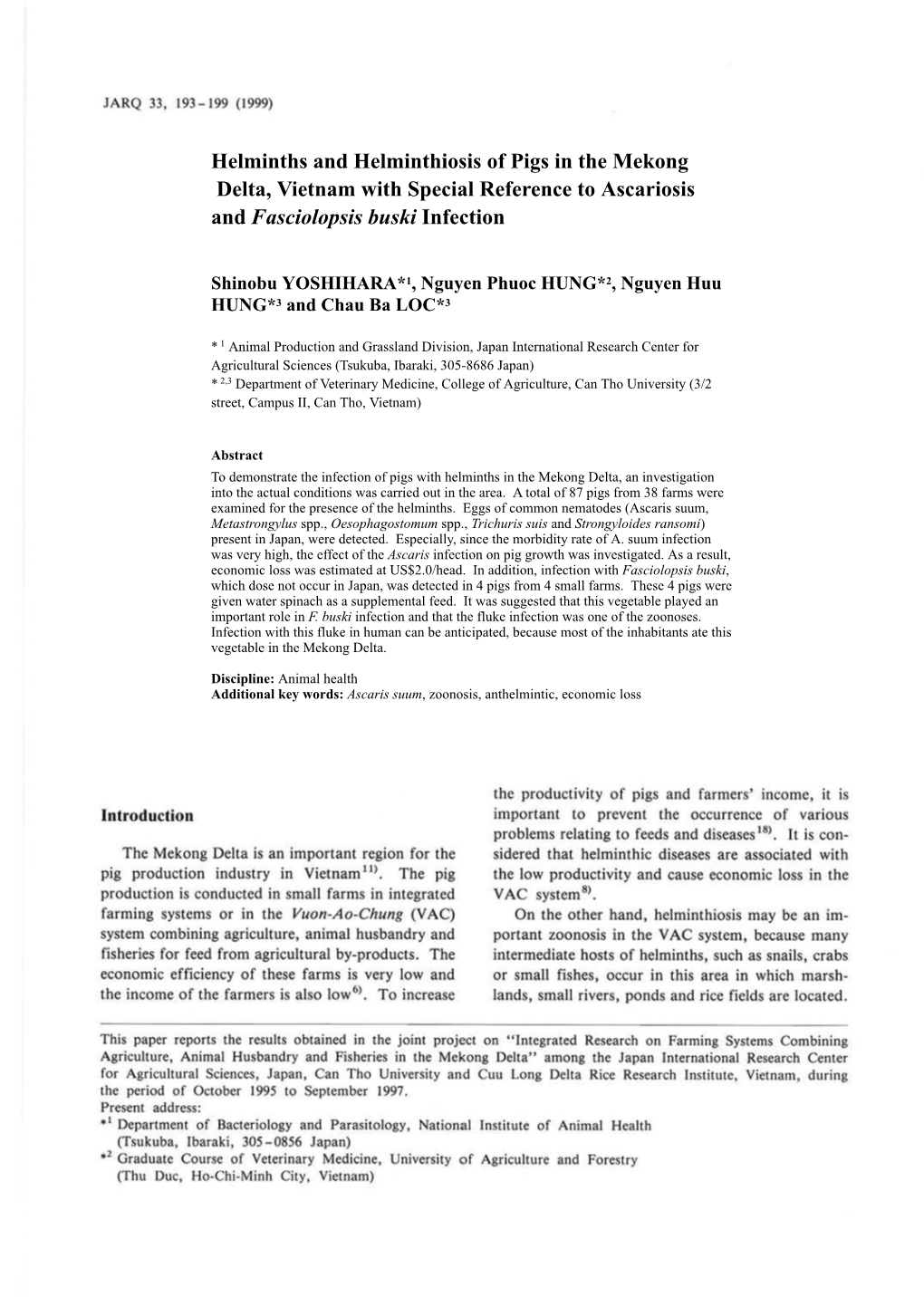 Helminths and Helminthiosis of Pigs in the Mekong Delta, Vietnam with Special Reference to Ascariosis and Fasciolopsis Buski Infection