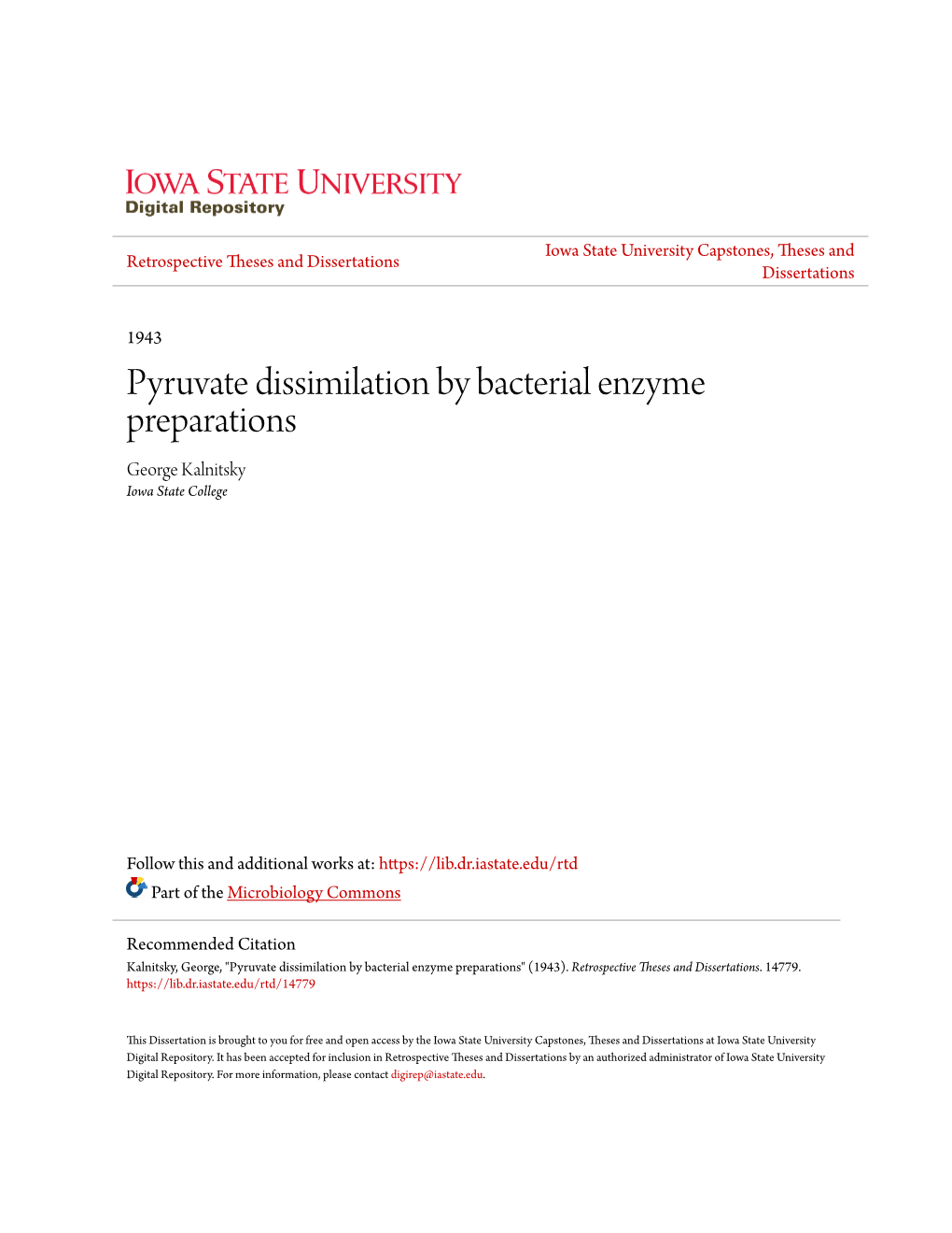 Pyruvate Dissimilation by Bacterial Enzyme Preparations George Kalnitsky Iowa State College