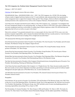 The TJX Companies, Inc. Positions Senior Management Team for Future Growth February 1, 2007 9:25 AM ET Click Here for the Spanis