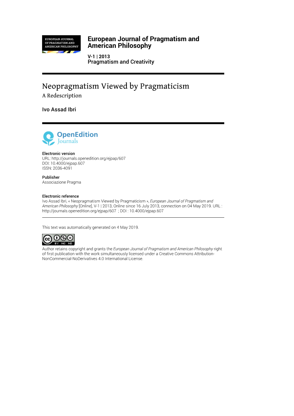 European Journal of Pragmatism and American Philosophy