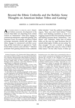 Beyond the Ethnic Umbrella and the Buffalo: Some Thoughts on American Indian Tribes and Gaming 1