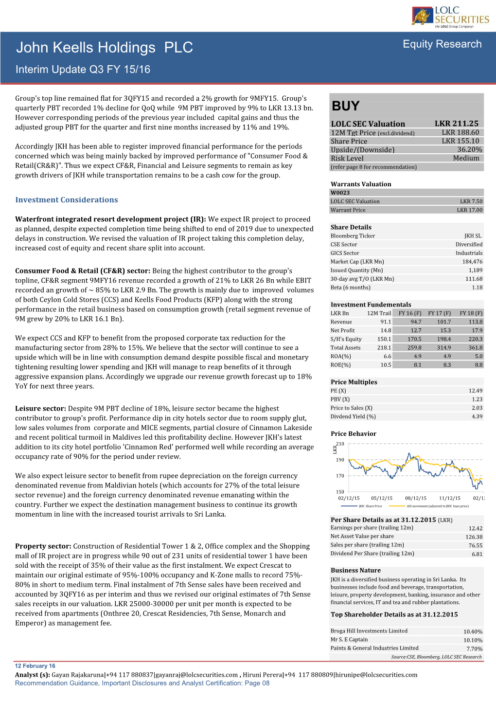 John Keells Holdings PLC Equity Research Interim Update Q3 FY 15/16