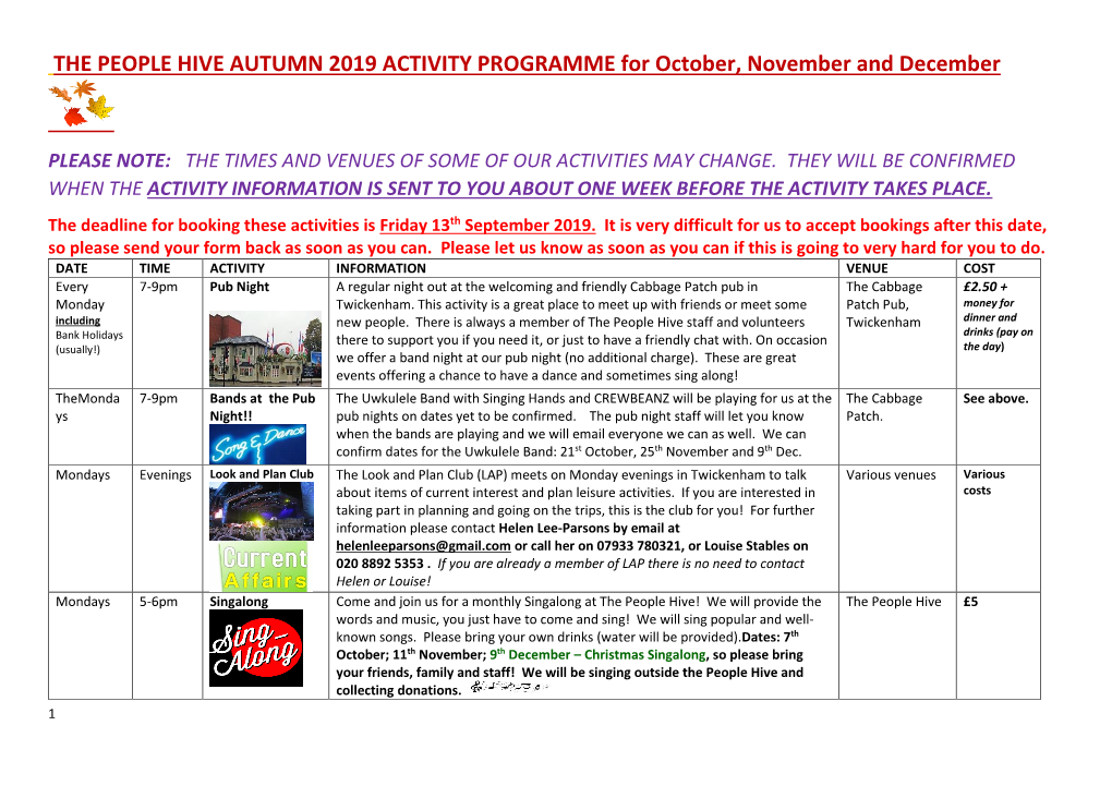 THE PEOPLE HIVE AUTUMN 2019 ACTIVITY PROGRAMME for October, November and December