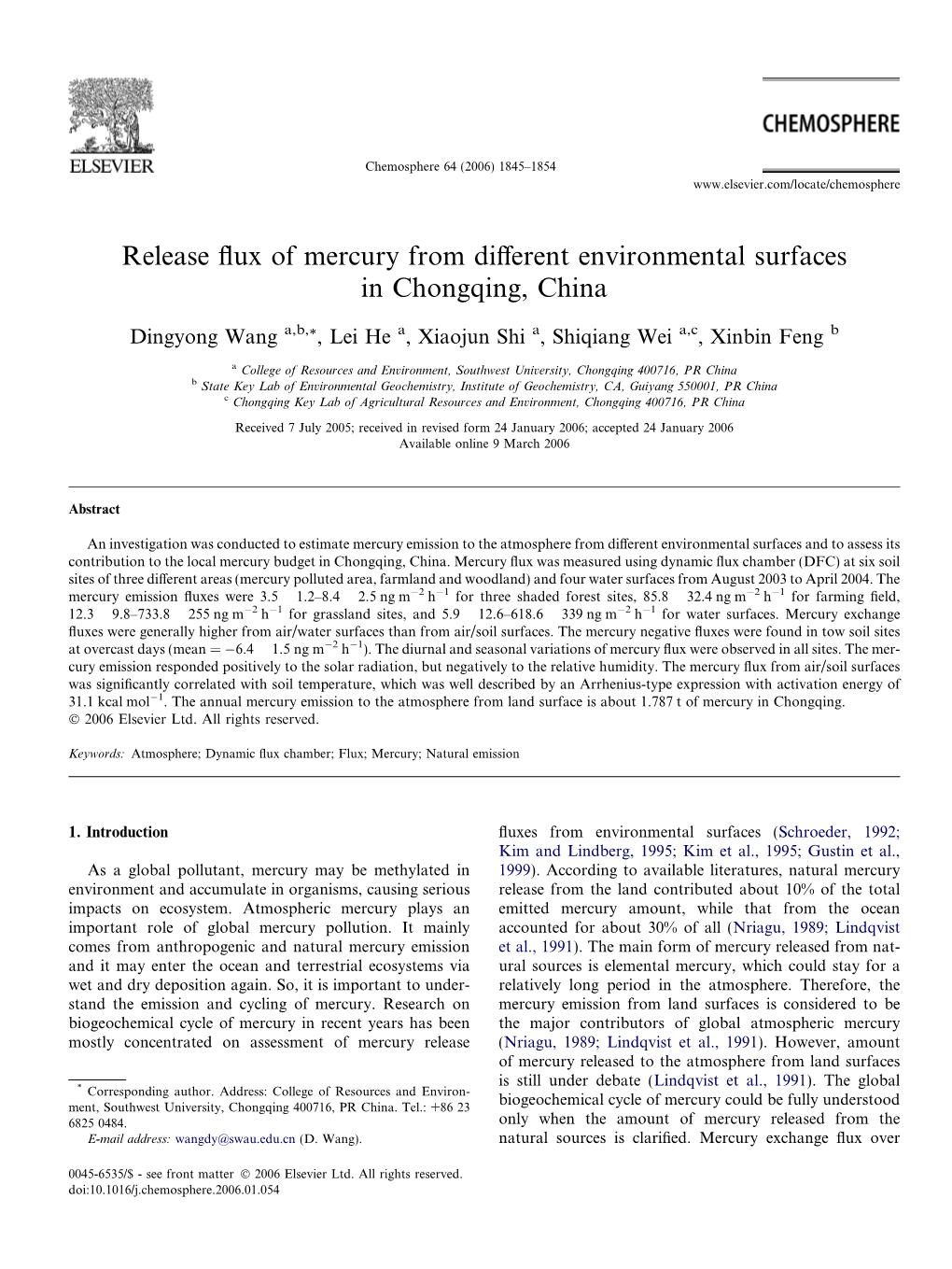 Release Flux of Mercury from Different Environmental Surfaces In