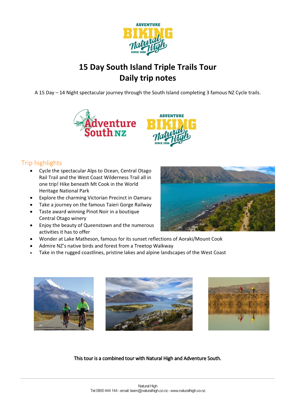 15 Day South Island Triple Trails Tour Daily Trip Notes