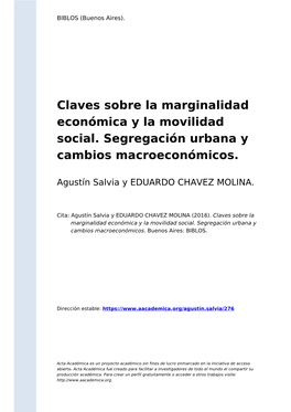 Claves Sobre La Marginalidad Económica Y La Movilidad Social