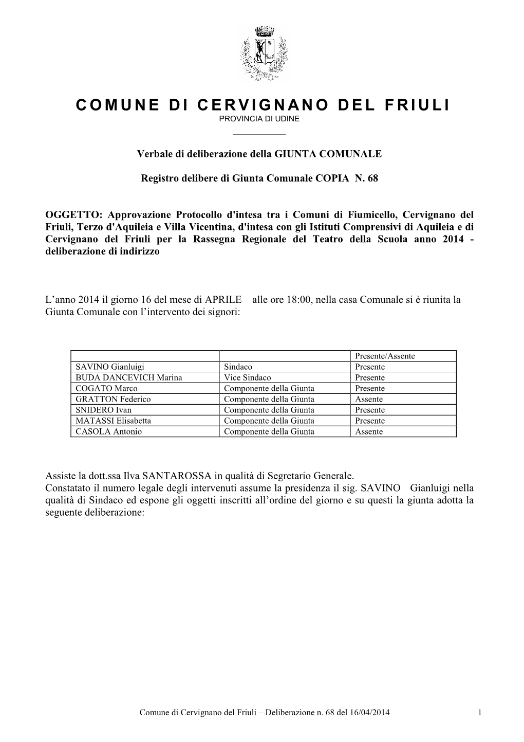 Comune Di Cervignano Del Friuli Provincia Di Udine ______