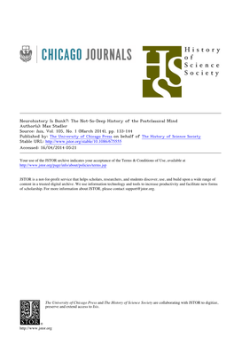 Neurohistory Is Bunk?: the Not-So-Deep History of the Postclassical Mind Author(S): Max Stadler Source: Isis, Vol