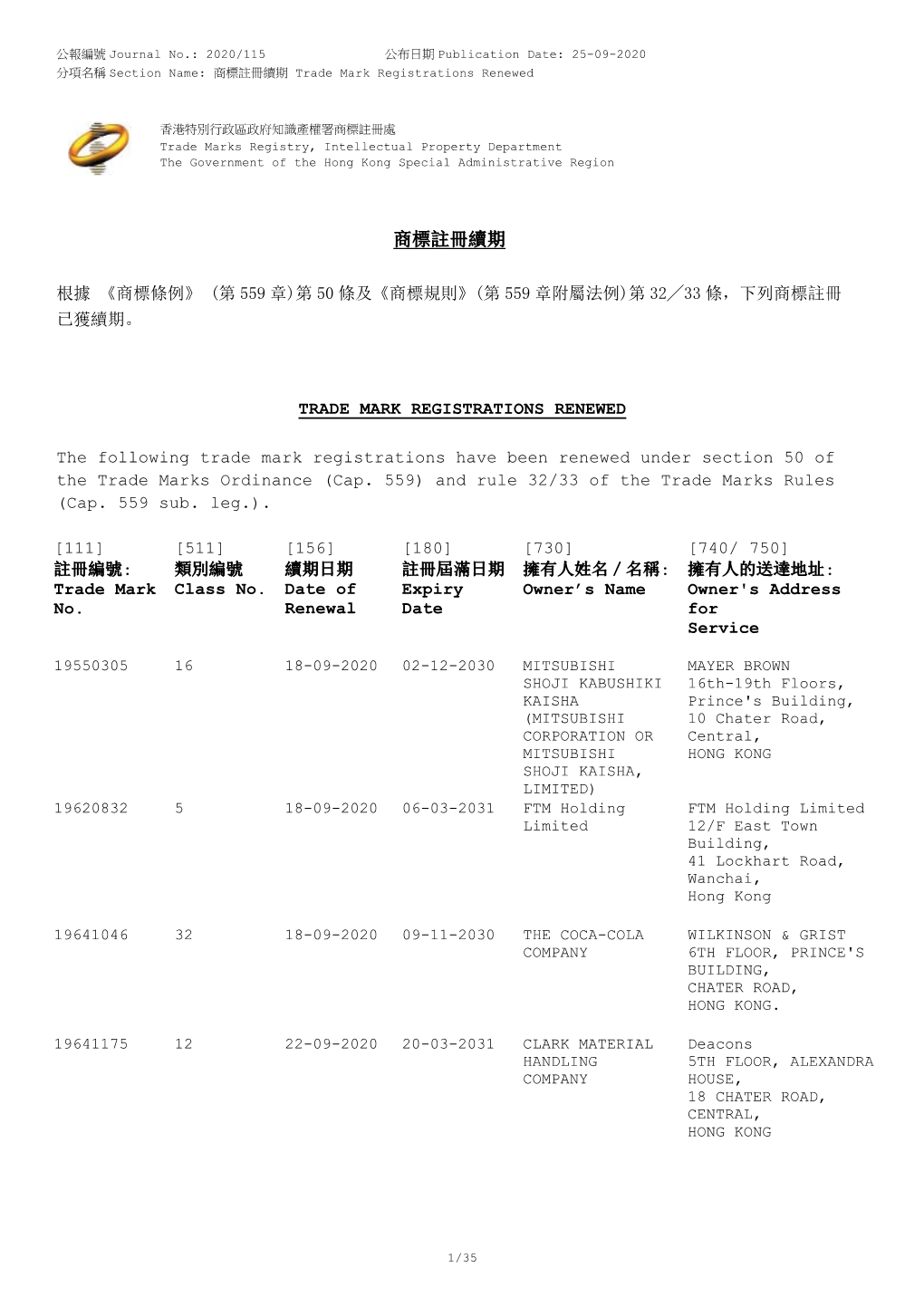 商標註冊續期trade Mark Registrations Renewed