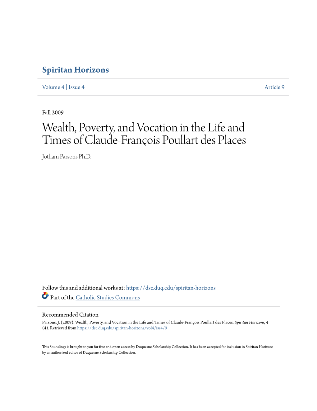 Wealth, Poverty, and Vocation in the Life and Times of Claude-François Poullart Des Places Jotham Parsons Ph.D