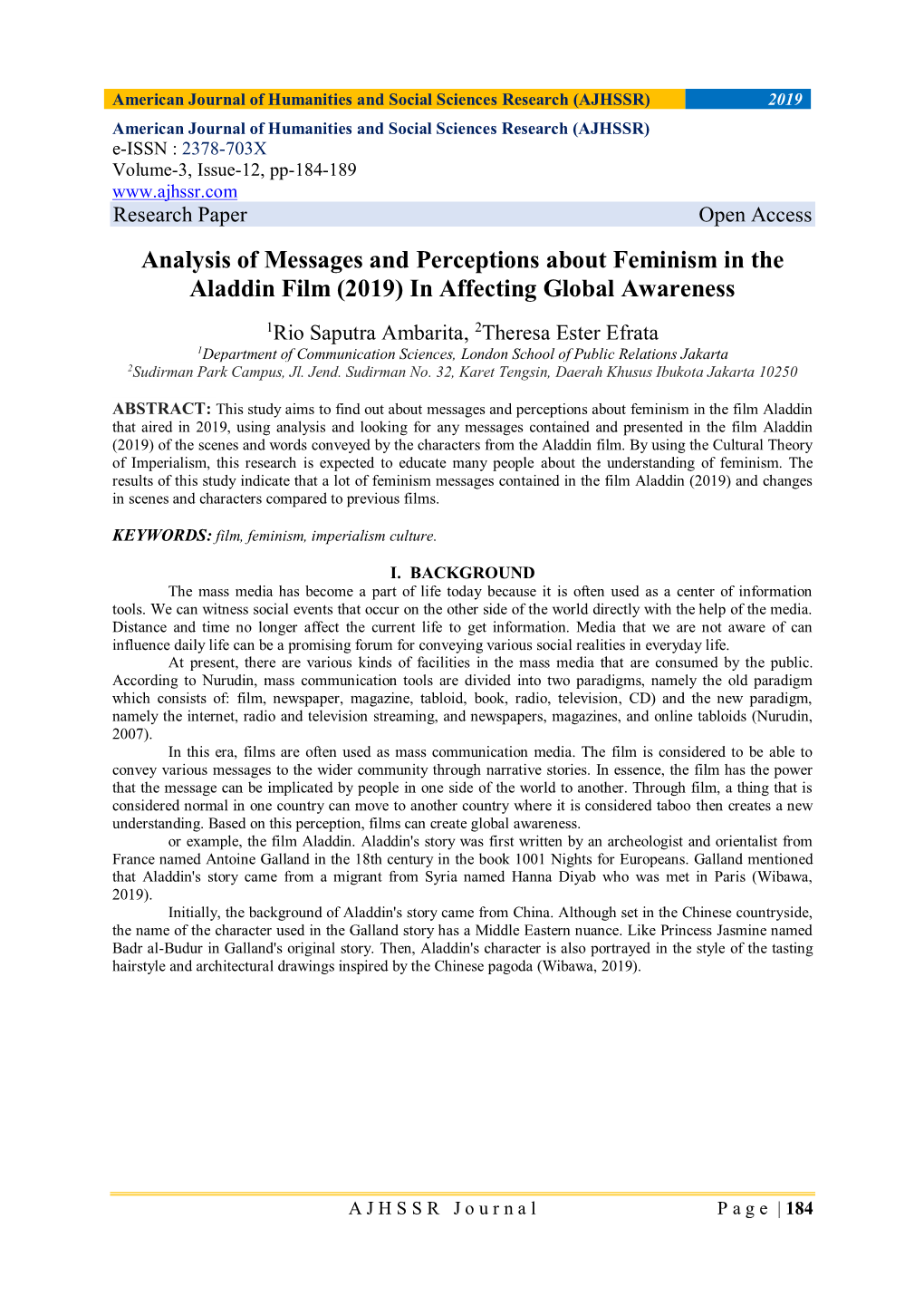 Analysis of Messages and Perceptions About Feminism in the Aladdin Film (2019) in Affecting Global Awareness