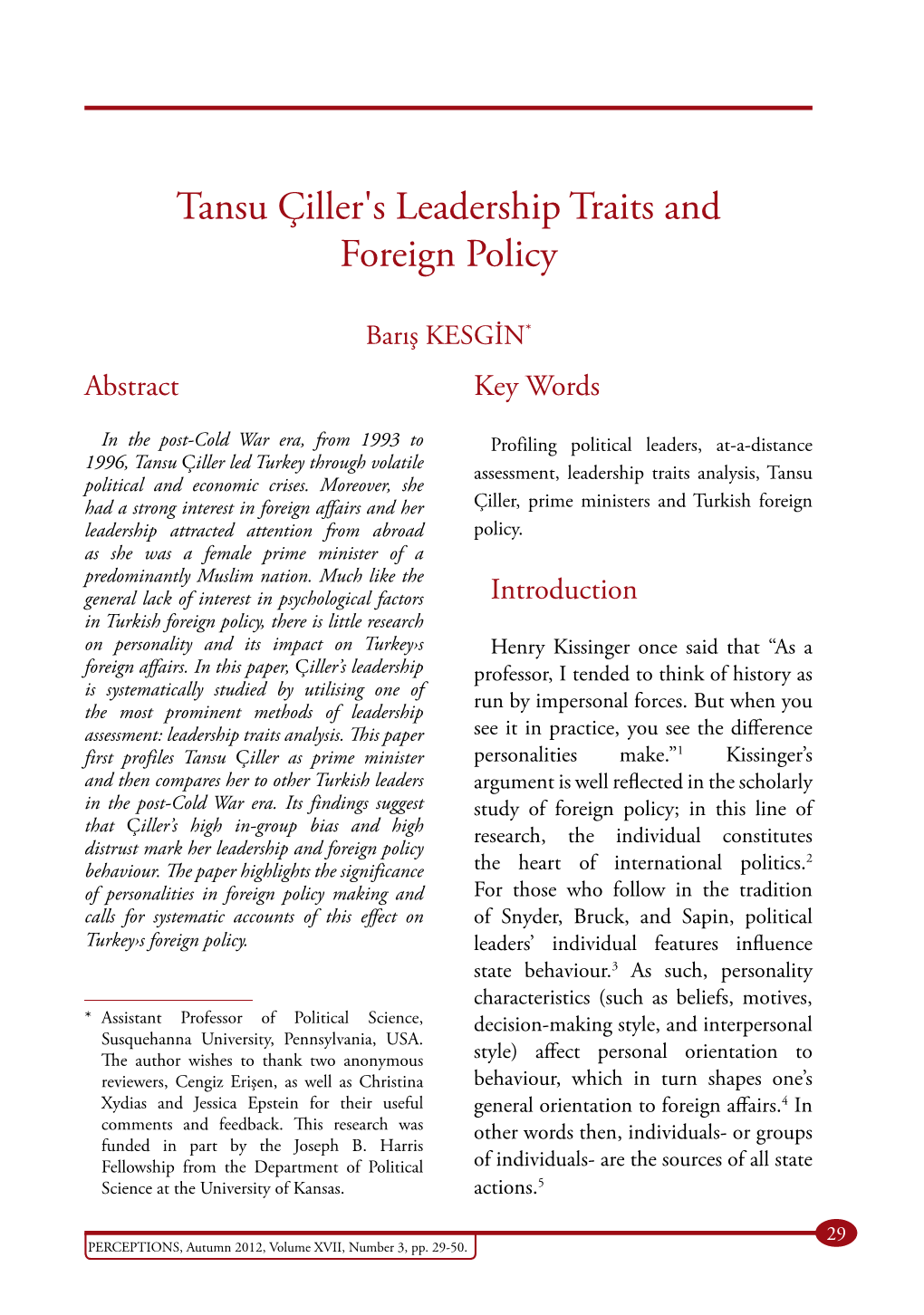 Tansu Çiller's Leadership Traits and Foreign Policy