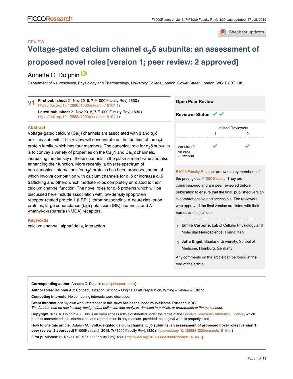 Voltage-Gated Calcium Channel Α Δ Subunits