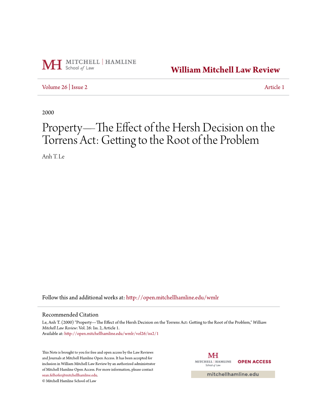 Property—The Effect of the Hersh Decision on the Torrens Act: Getting to the Root of the Problem," William Mitchell Law Review: Vol