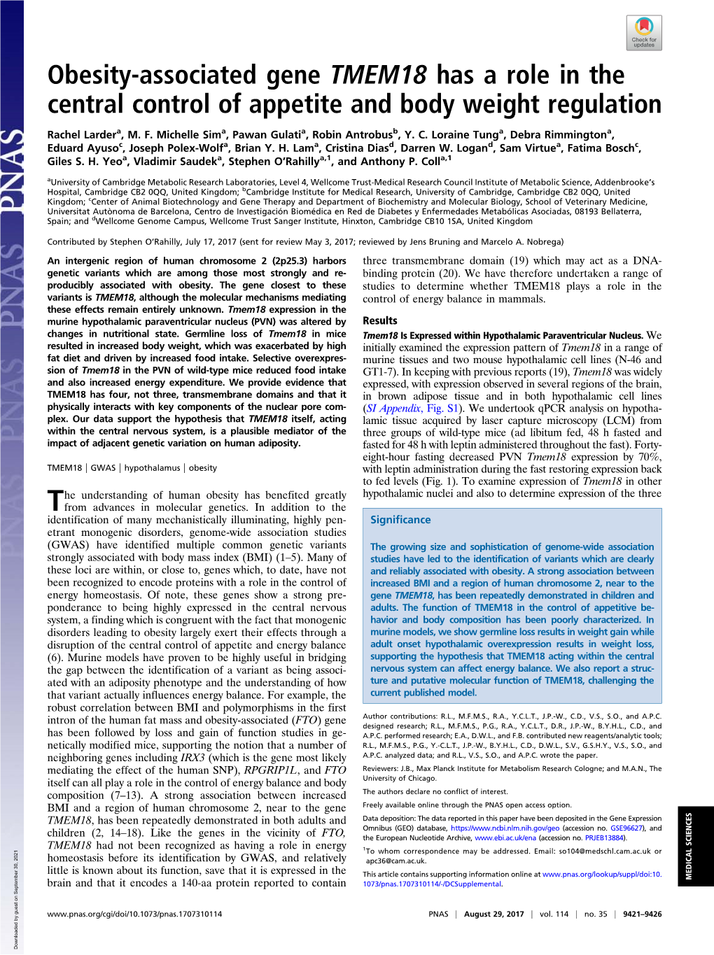 Obesity-Associated Gene TMEM18 Has a Role in the Central Control of Appetite and Body Weight Regulation