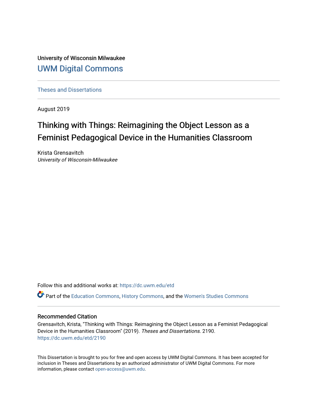 Thinking with Things: Reimagining the Object Lesson As a Feminist Pedagogical Device in the Humanities Classroom