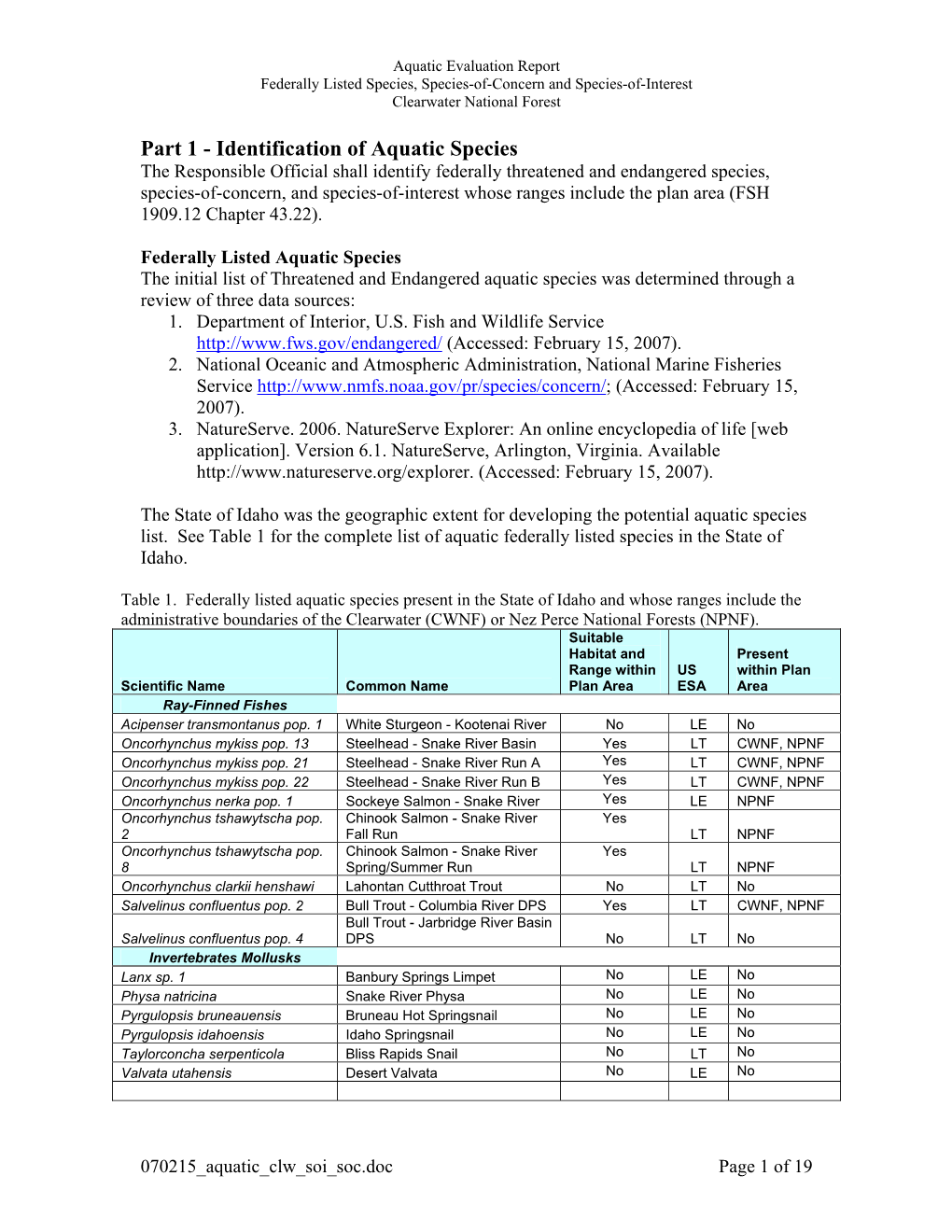 Evaluation Report Federally Listed Species, Species-Of-Concern and Species-Of-Interest Clearwater National Forest