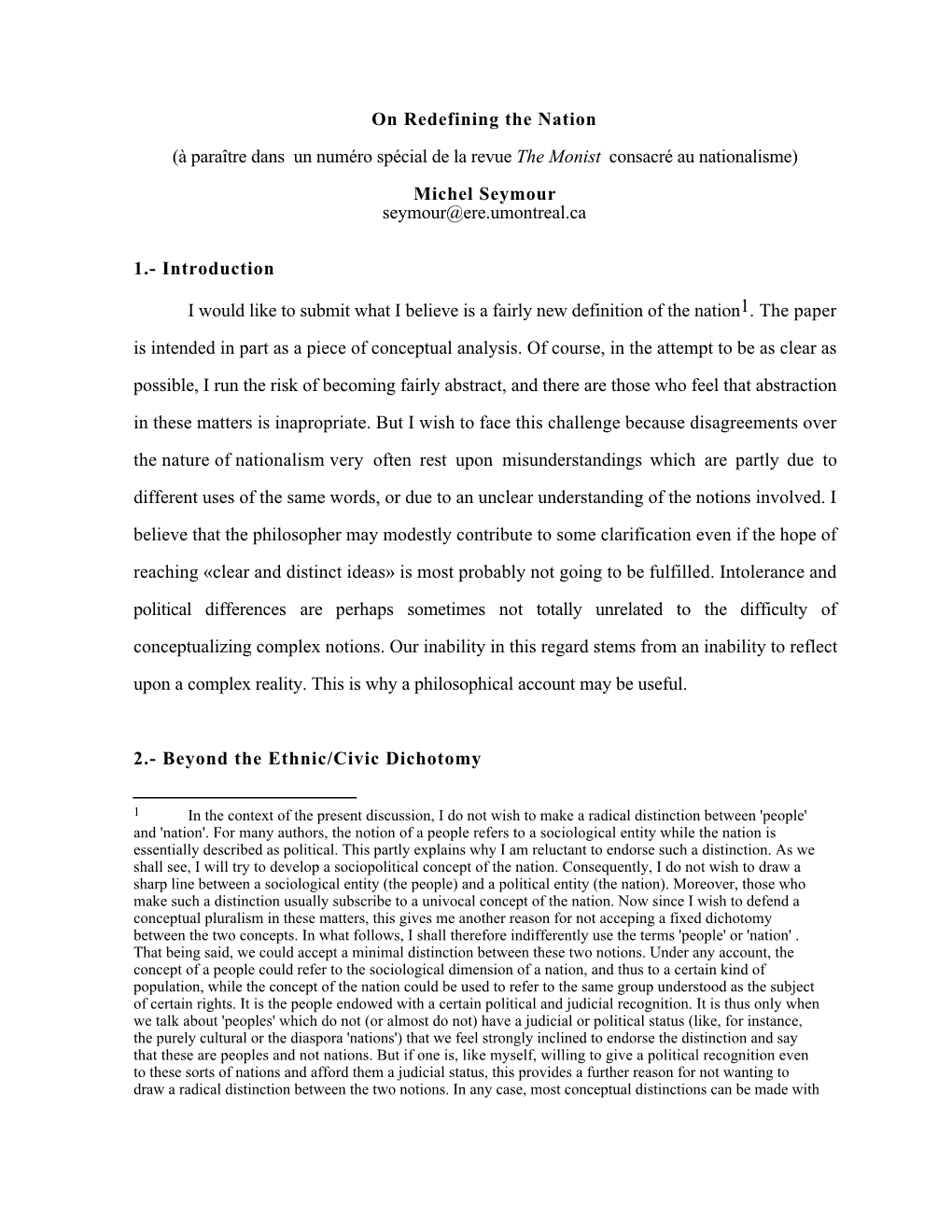 On Redefining the Nation (À Paraître Dans Un Numéro Spécial De La Revue the Monist Consacré Au Nationalisme) Michel Seymour Seymour@Ere.Umontreal.Ca