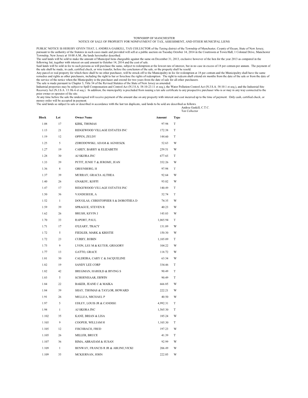 Township of Manchester Notice of Sale of Property for Nonpayment of Tax, Assessment, and Other Municipal Liens