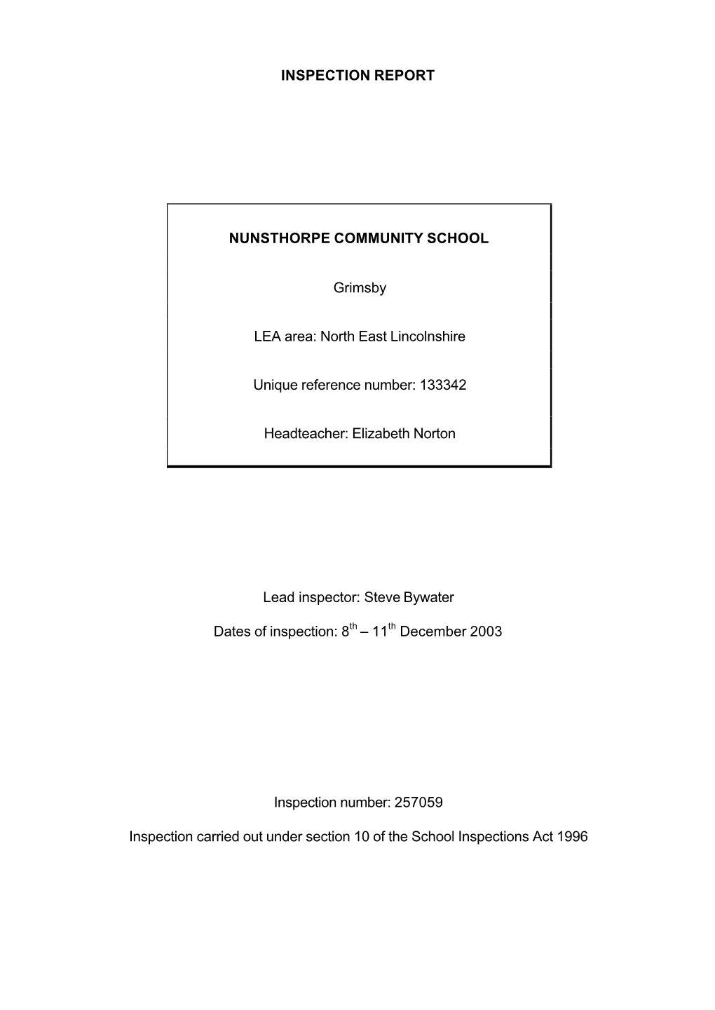 Inspection Report Nunsthorpe