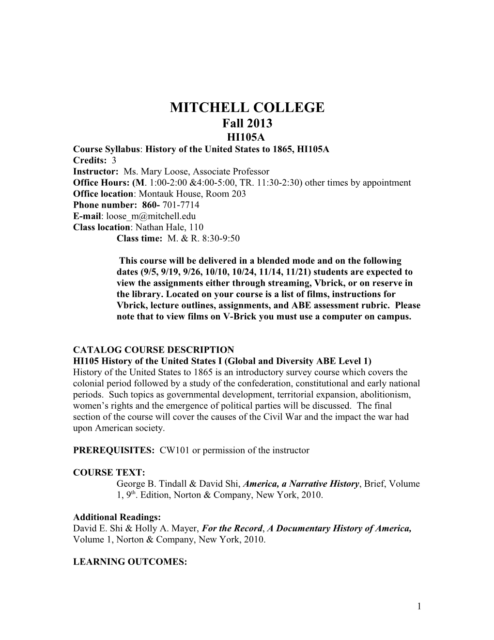 Course Syllabus: History of the United States to 1865, HI105A