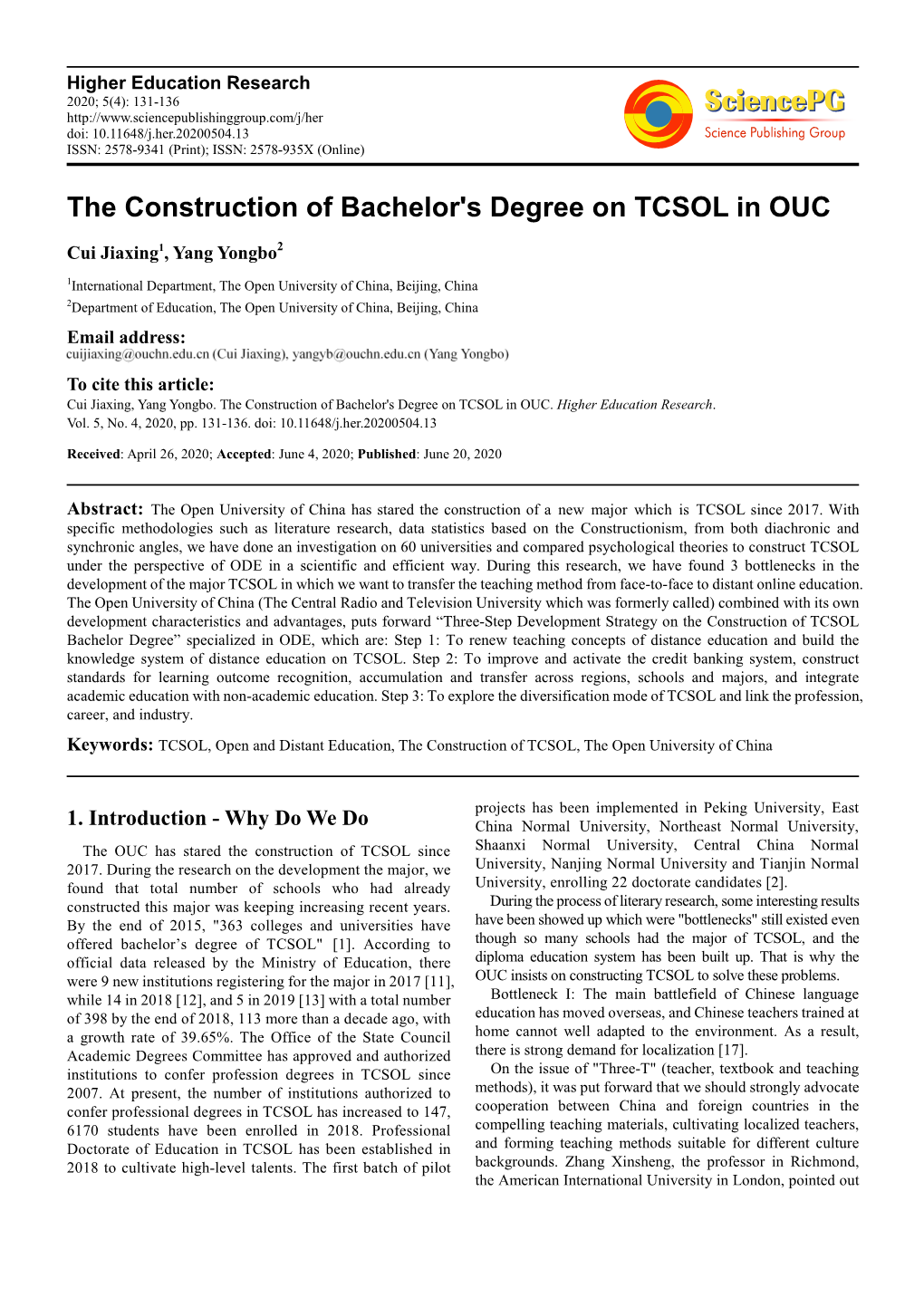 The Construction of Bachelor's Degree on TCSOL in OUC