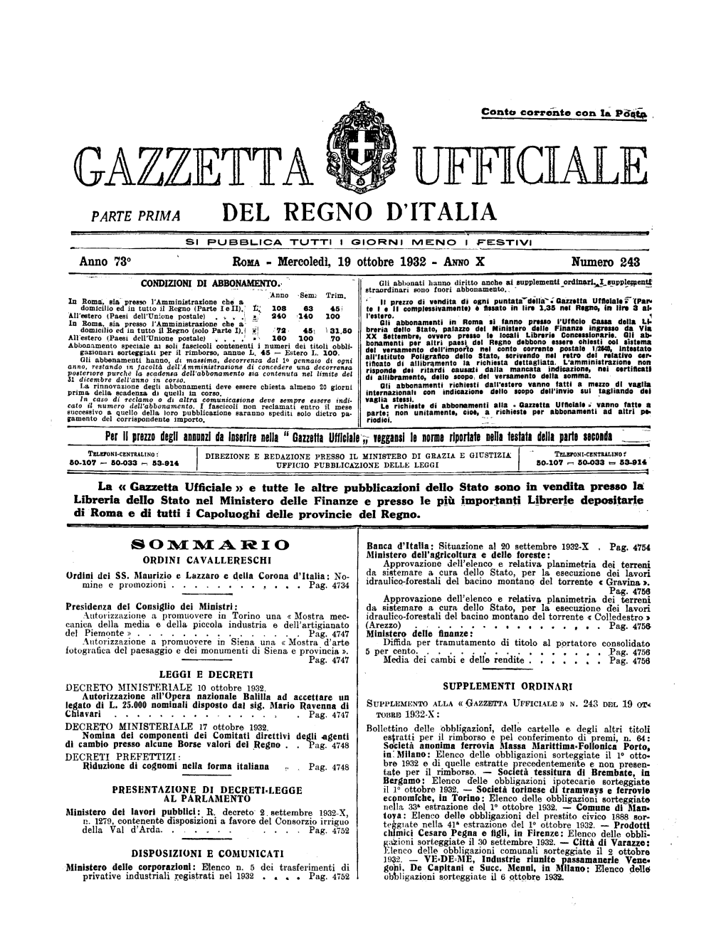 Gazzetta Ufficiale Del Regno D'italia N. 243 Del 19 Ottobre 1932 Parte