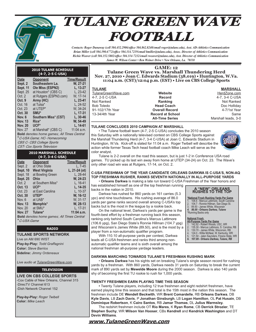 2010 Tulane Game Notes.Indd