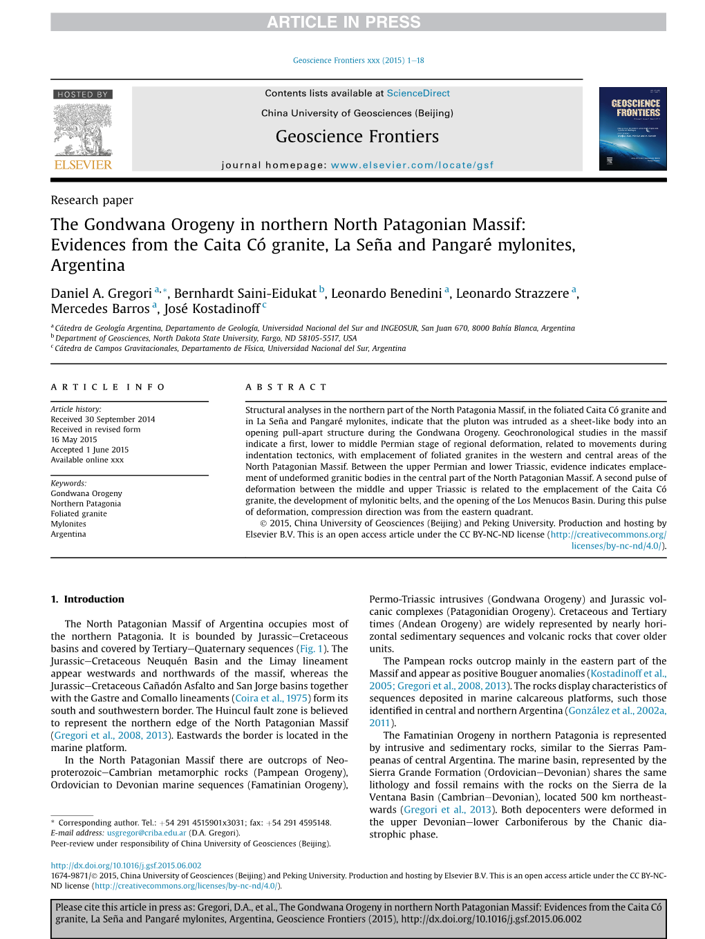 The Gondwana Orogeny in Northern North Patagonian Massif: Evidences from the Caita Có Granite, La Seña and Pangaré Mylonites, Argentina