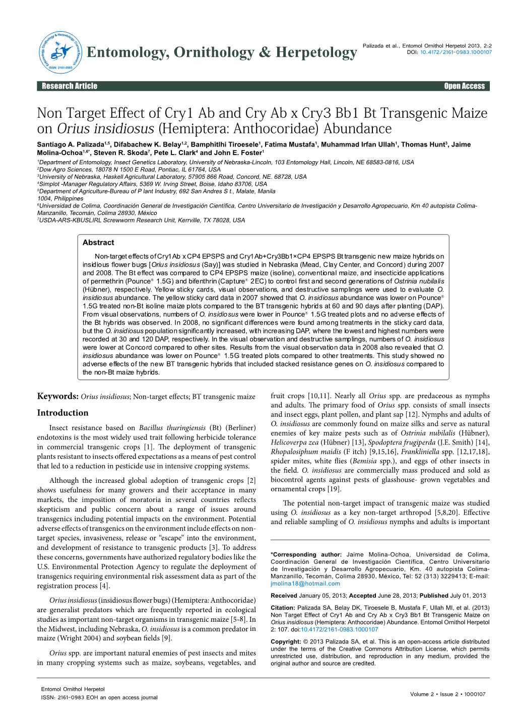 Non Target Effect of Cry1 Ab and Cry Ab X Cry3 Bb1 Bt Transgenic Maize on Orius Insidiosus (Hemiptera: Anthocoridae) Abundance Santiago A