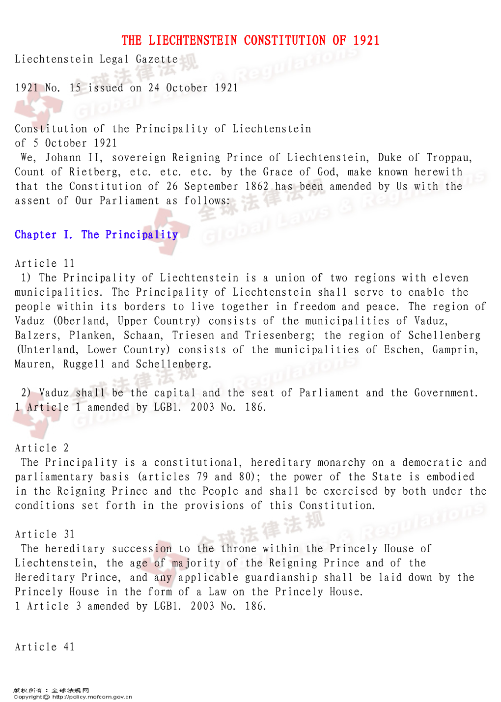 THE LIECHTENSTEIN CONSTITUTION of 1921 Liechtenstein Legal Gazette