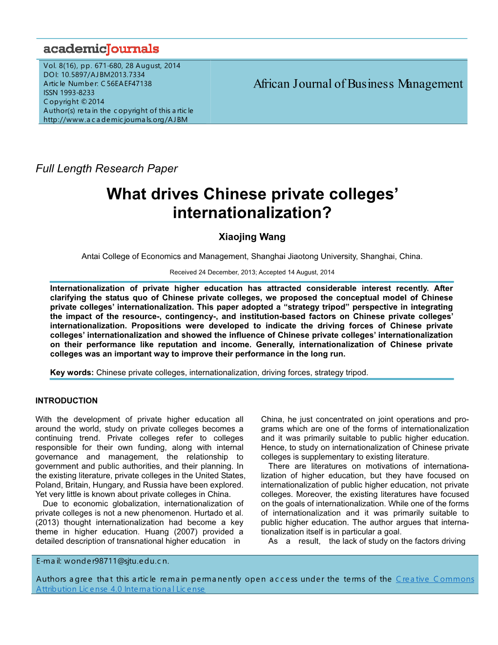 What Drives Chinese Private Colleges' Internationalization?