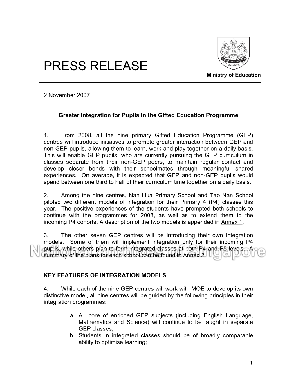 PRESS RELEASE Ministry of Education