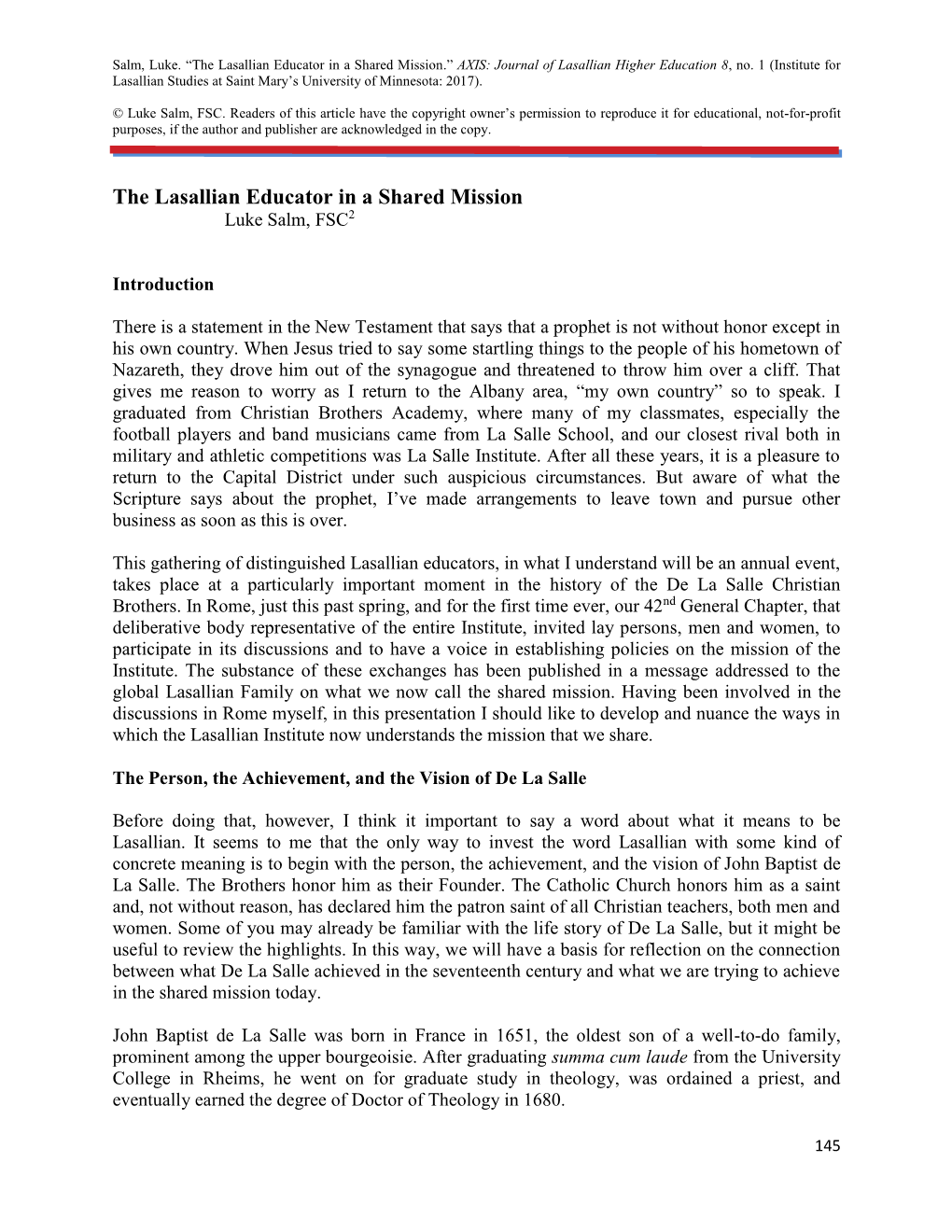 The Lasallian Educator in a Shared Mission.” AXIS: Journal of Lasallian Higher Education 8, No