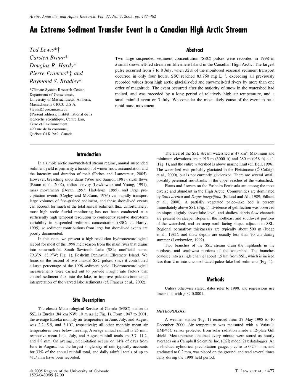 An Extreme Sediment Transfer Event in a Canadian High Arctic Stream