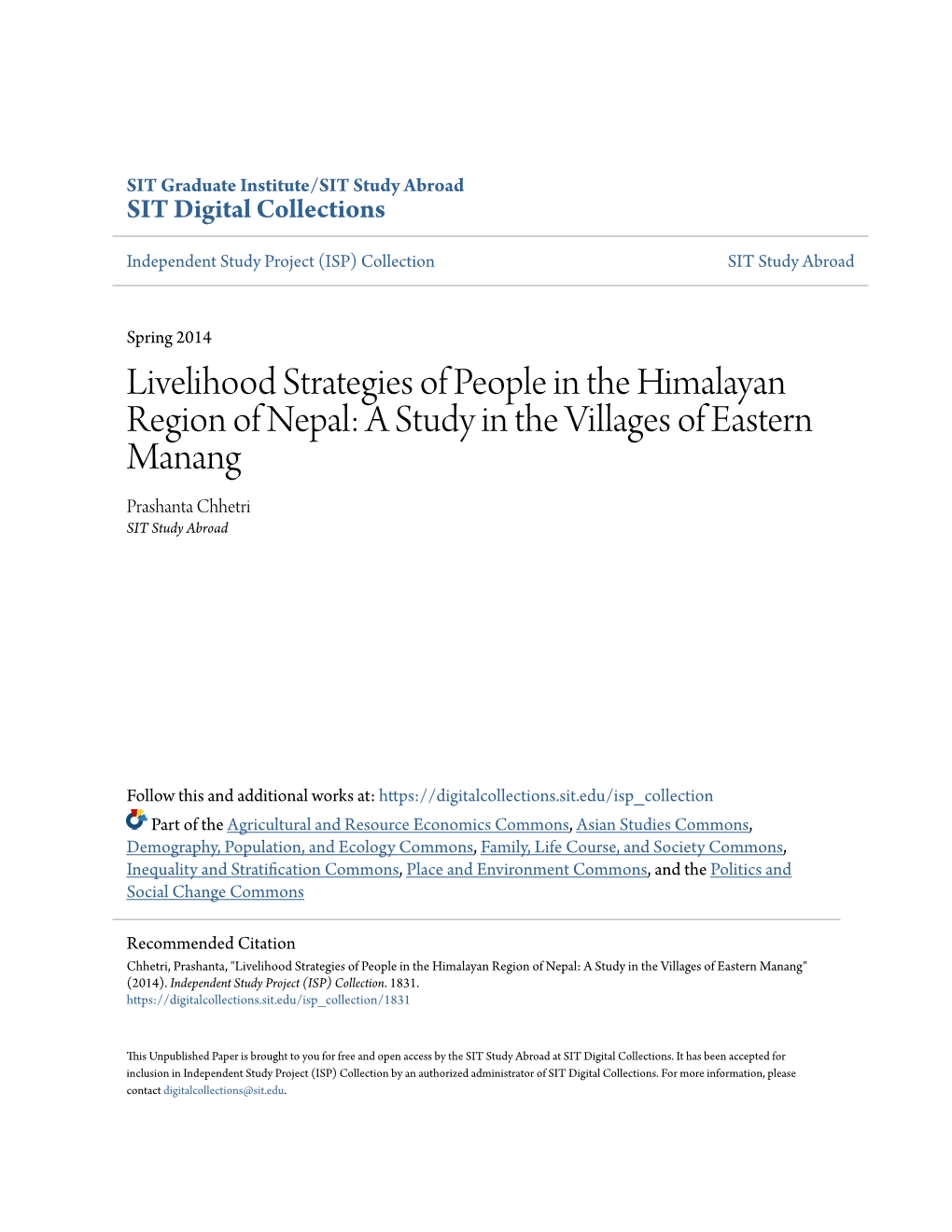 Livelihood Strategies of People in the Himalayan Region of Nepal: a Study in the Villages of Eastern Manang Prashanta Chhetri SIT Study Abroad