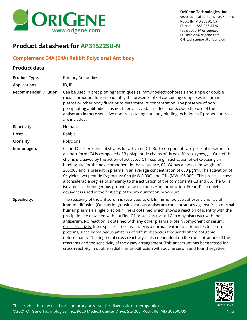 Complement C4A (C4A) Rabbit Polyclonal Antibody – AP31522SU-N